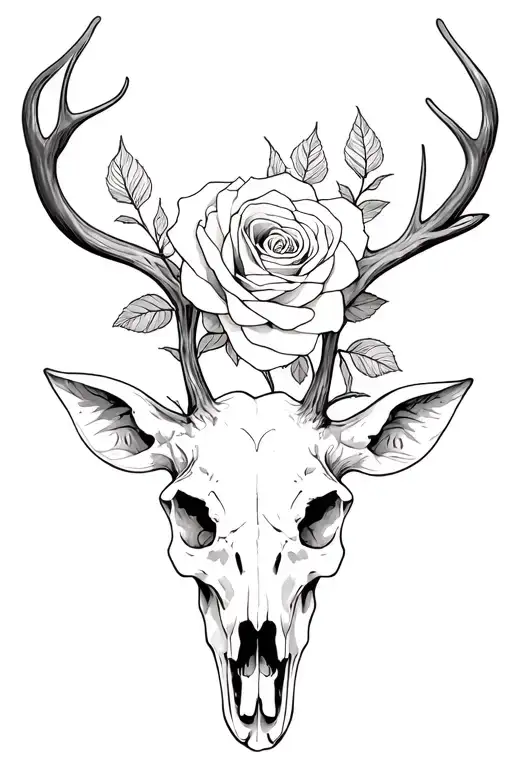 deer skull and rose growing tattoo design idea