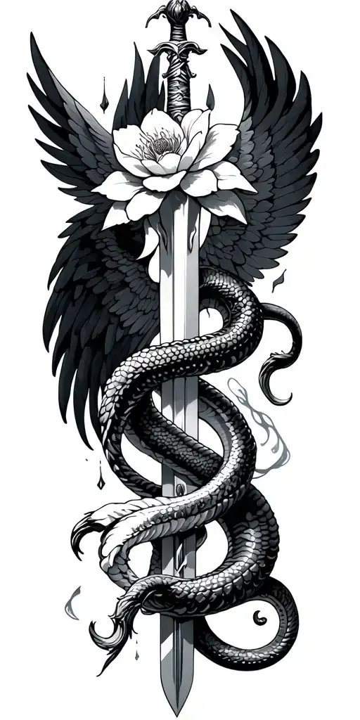 flower wrap, Icarus falling from the sky, serpent wrapped around a sword, angels and wings tattoo design idea