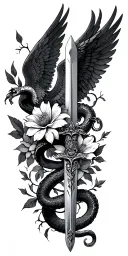 flower wrap, Icarus falling from the sky, serpent wrapped around a sword, angels and wings tattoo design idea