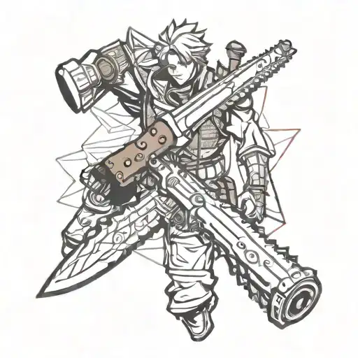 make a selection of weapons from the listed anime: jojo, magic battle, chainsaw man, vinland saga tattoo design idea