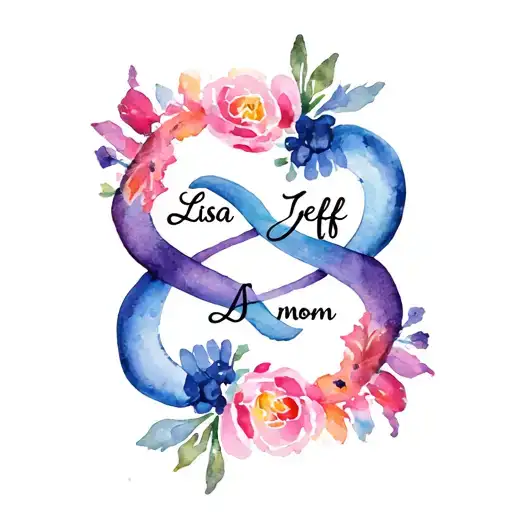 A circle or infinity sympbol word tattoo incorporating the names Lisa, Jeff, and Mom tattoo design idea