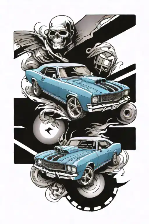 harmonic blue & muscle car tattoo design idea