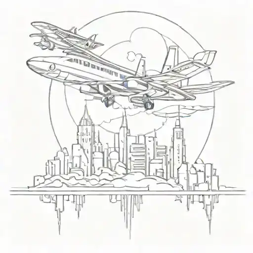 A sketch tattoo of a futuristic cityscape with airplanes flying overhead, combining your love for architecture and aircraft engineering tattoo design idea