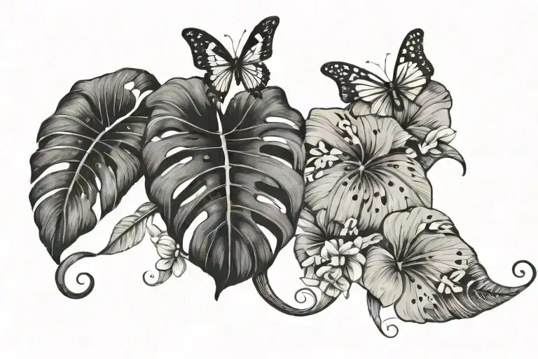 monstera leaf with butterflies and plumeria flowers  tattoo design idea