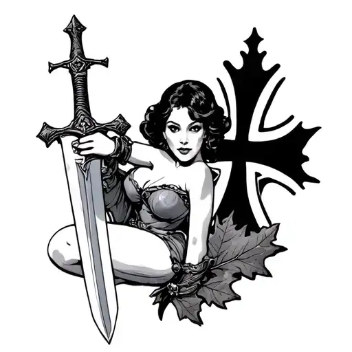 PIN Up girl holding a sword in one hand the other hand is holding a pole with a German iron cross suruonded in oak leave tattoo design idea