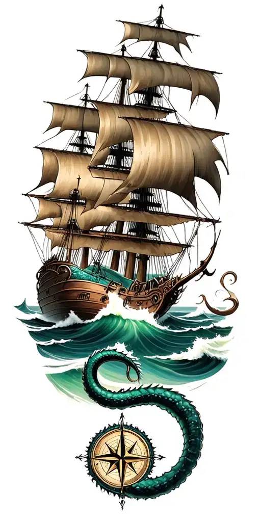 poseidon, kraken attacking a ship sailing through stormy seas, vintage compass tattoo design idea