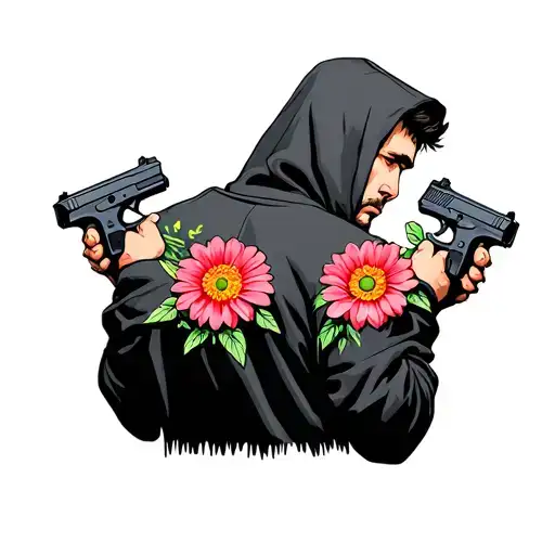 gun and flowers in each hand a man in a hoodie back facing backwards tattoo design idea