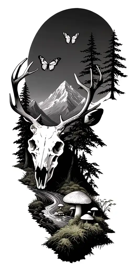 mountain scene with flowing river, trees, butterflies and a mule deer skull growing mushrooms and moss  tattoo design idea