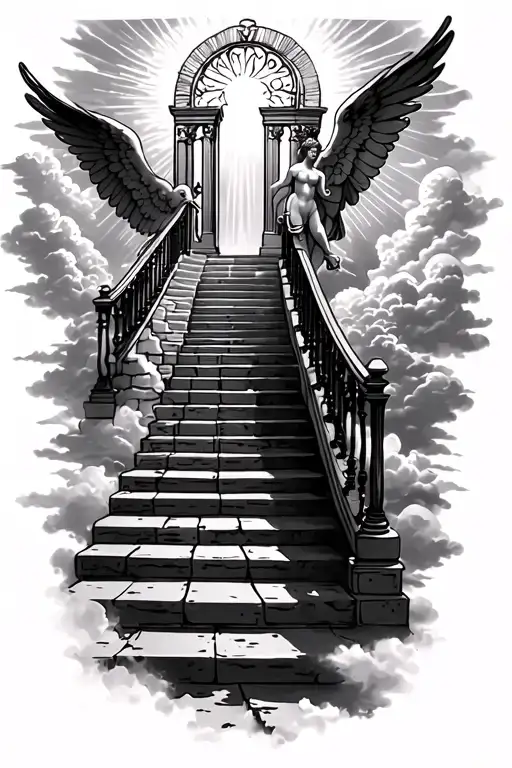 stairway to heaven walking up stairs angels sun rays clouds heaven gate at the top of the stairs  tattoo design idea