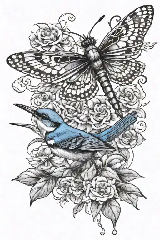 blue wren dragonfly and butterfly tattoo design idea