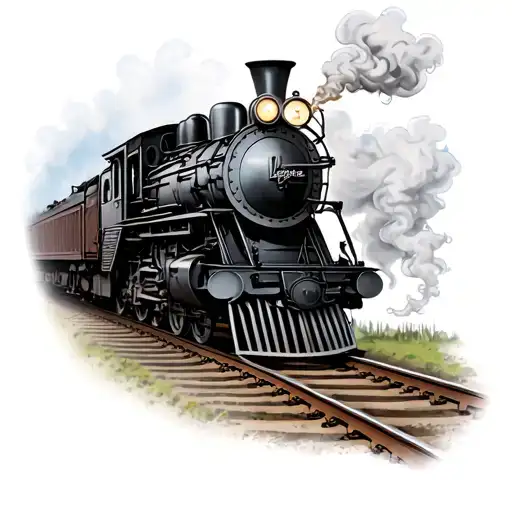 1800s black and grey locomotive on the tracks smoking  tattoo design idea