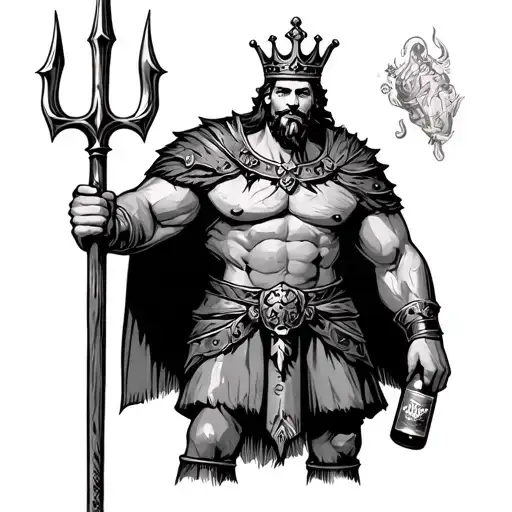A muscular king with a crown, standing straight, holding a trident in the left hand and an old beer bottle in the right tattoo design idea