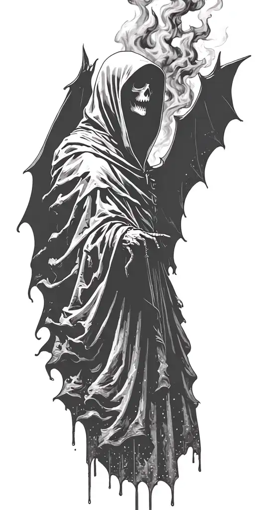 hooded reaper silohuette, smoke, fire, scary, bat wings tattoo design idea
