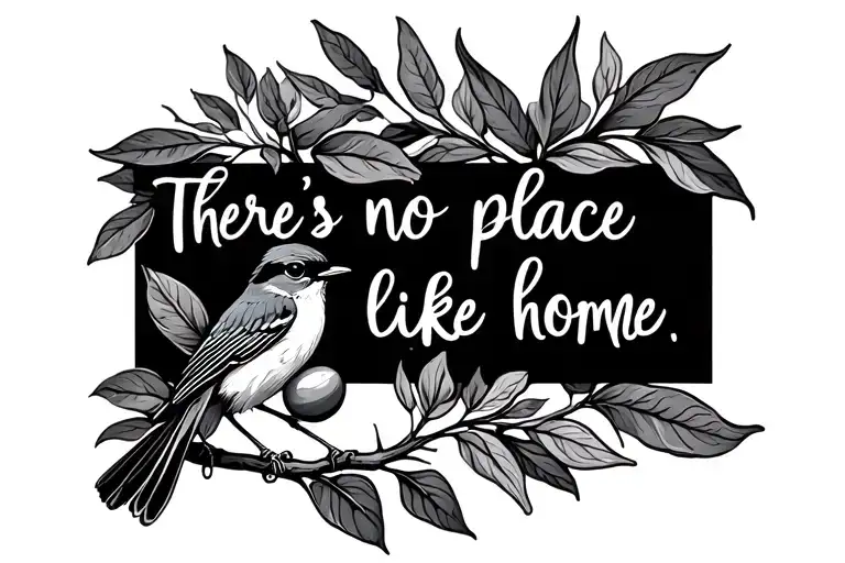 script wording on one line "There's no place like home" include a spendid fairy wren and gumnut and gumleaf tattoo design idea