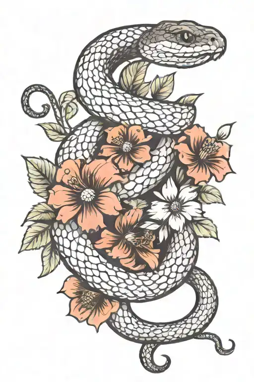snake wrapped around July August November december flowers  tattoo design idea