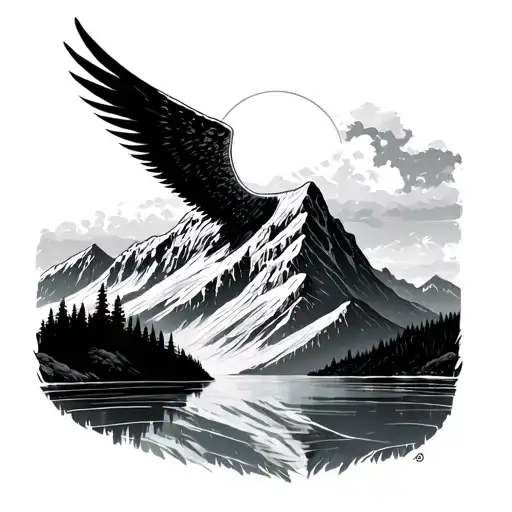 mountain with lake and archangel Raphael tattoo design idea