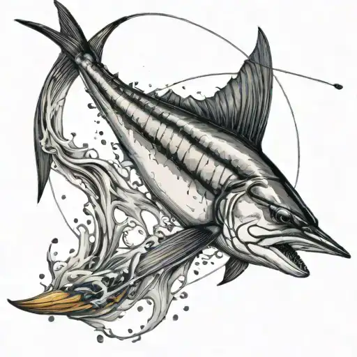 A detailed blackwork tattoo of a majestic marlin leaping out of the water, with a fishing rod in the background tattoo design idea