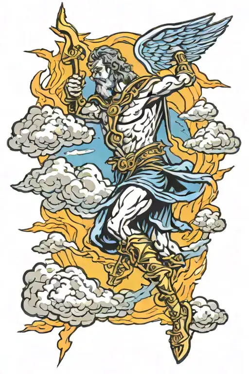 zues shooting lightning down through clouds along with Ares, Poseidon, Athena,  tattoo design idea