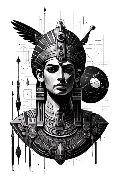 segments from different eras and styles – from antiquity, Egypt, sci-fi, art deco, cyberpunk, NASA motifs tattoo design idea