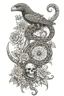 tree snake  black eagle waterfalls eyeball wheelchair sun, moon ,whale,dragonemersing,grimreaper skull roses  tattoo design idea