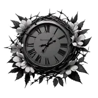 clock without hands (representing timelessness or divine timing) encircled by barbed wire breaking apart into flowering  tattoo design idea