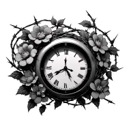 clock without hands (representing timelessness or divine timing) encircled by barbed wire breaking apart into flowering  tattoo design idea