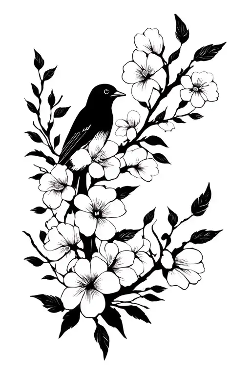 blackbird on coffee branch with flowers tattoo design idea