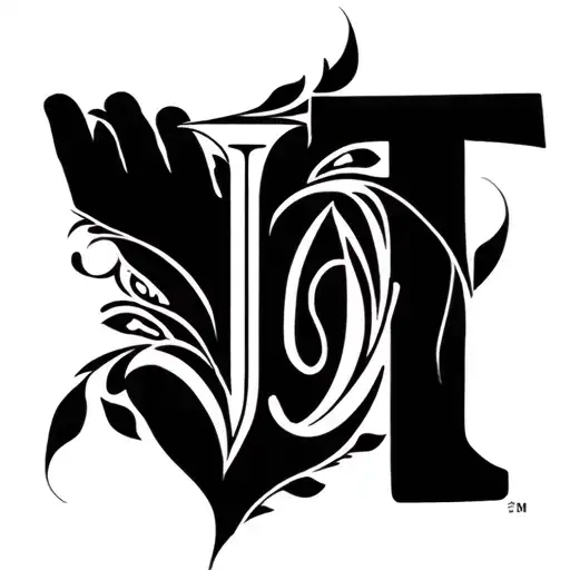 tribal style tattoo letters J for dad, T for child in the middle and P for mom. also have small shades  holding hands tattoo design idea