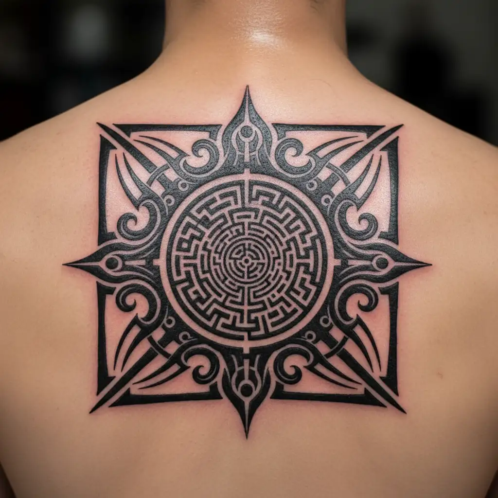 A labyrinth with an eye at the center, symbolizing the journey towards hidden knowledge, key and ouroboros and hourglass tattoo design idea