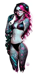 Sexy girl, petite, big boobs, wide hips, bikini . pink hair,sexual. Seductive. Full Body including arms. glasses tattoo design idea