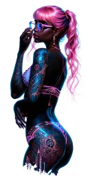 Sexy girl, petite, big boobs, wide hips, bikini . pink hair,sexual. Seductive. Full Body including arms. glasses tattoo design idea