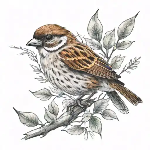 sparrow with wings branches tattoo design idea
