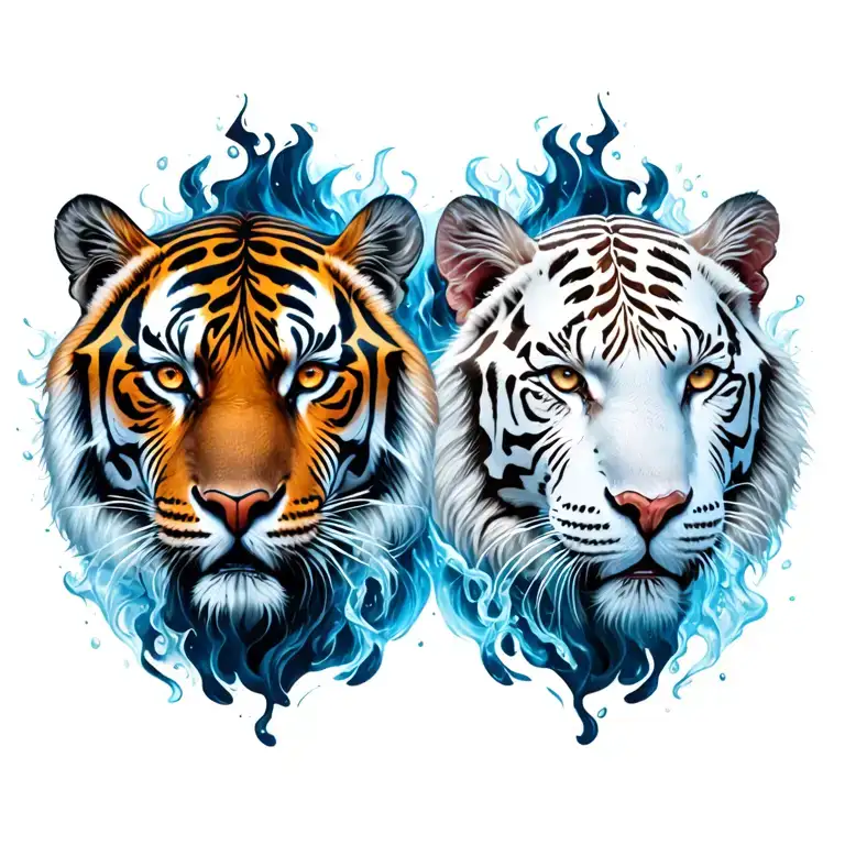 bengal tiger in flames and white tiger in ice tattoo design idea