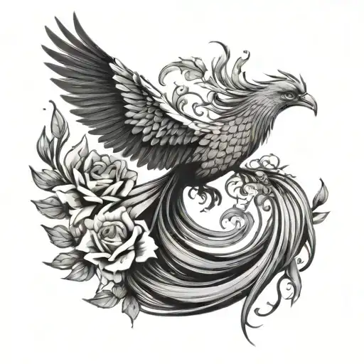 Female phoenix flying with flowers on tail hanging black and white tattoo design idea