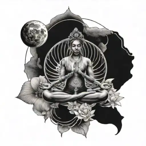 yoga pose shadow, chakras symbols integrated, surrounded by lotus flower realistic, phases of the moon tattoo design idea