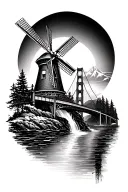 moulin rouge windmill, eiffle tower, waterfall, forest, snow top mountain, golden gate bridge, geisha, bullet train tattoo design idea