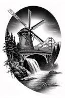 moulin rouge windmill, eiffle tower, waterfall, forest, snow top mountain, golden gate bridge, geisha, bullet train tattoo design idea