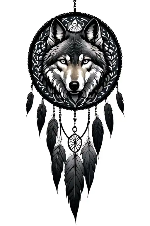 Dream catcher with wolf in the middle tattoo design idea