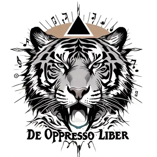 "De Oppresso Liber, שבט יהודה" Sun with rays, 6 7 9 triangle, tree with roots, music notes, roman numerals, praying hands, fierce tiger face, waves,  tattoo design idea