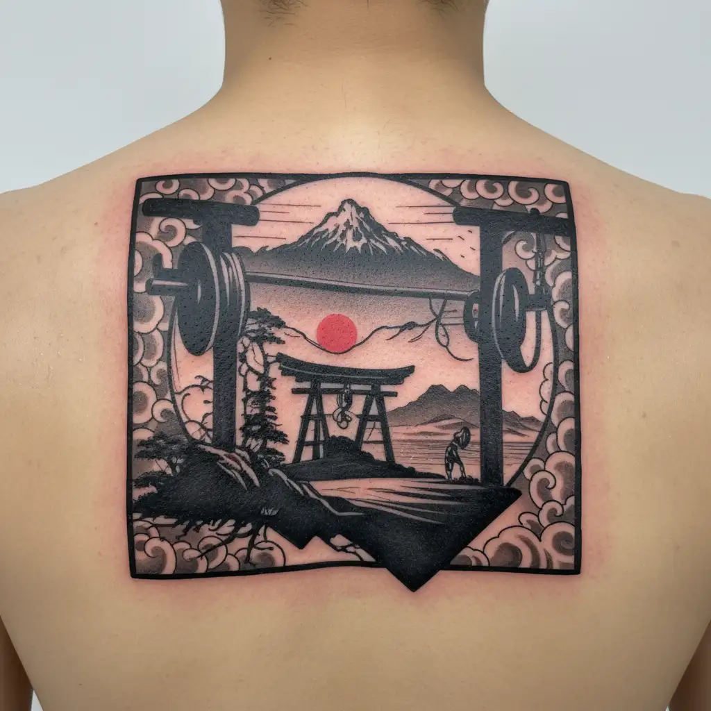 A mountain landscape with a gym equipment silhouette in the foreground tattoo design idea