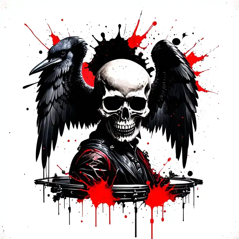 dark fantasy collage, grim reaper skull with crow wings, motorcycle engine shards, drum hardware, victorian gothic ornam tattoo design idea