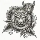 WATCH, LONE WOLF AND TAURUS'S SIGN WITH Pisces START tattoo design idea