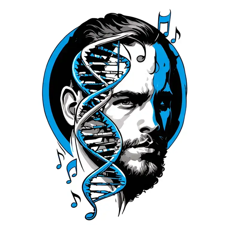 combine DNA, treble cleft, music notes, accent blue color, for a man tattoo design idea