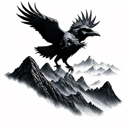 Raven over misty mountains tattoo design idea