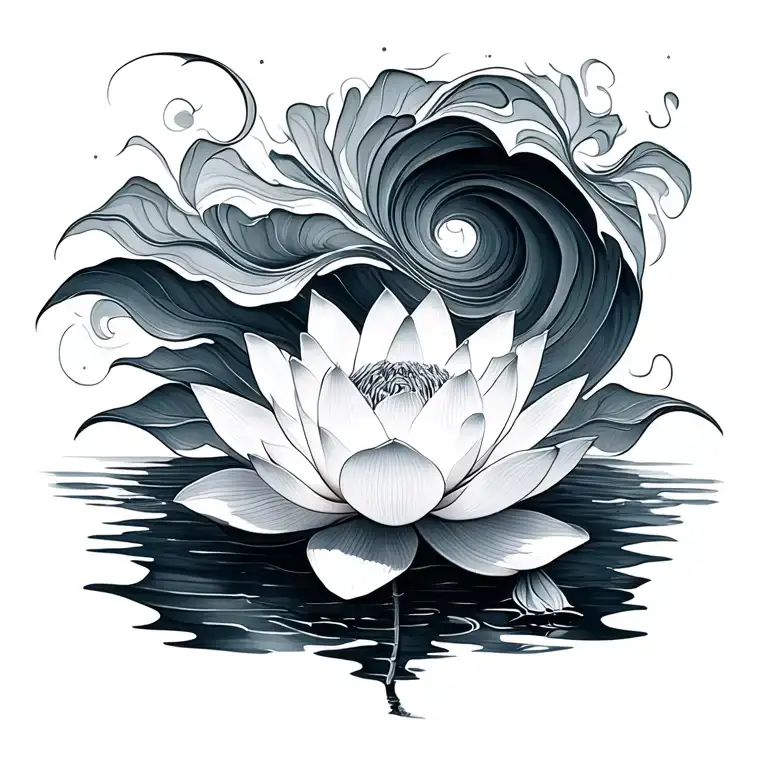 realistic waves, lotus flower tattoo design idea