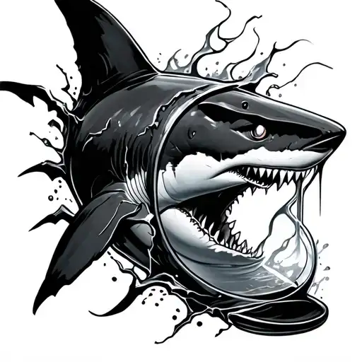cracked hourglass flowing into a shark swimming tattoo design idea