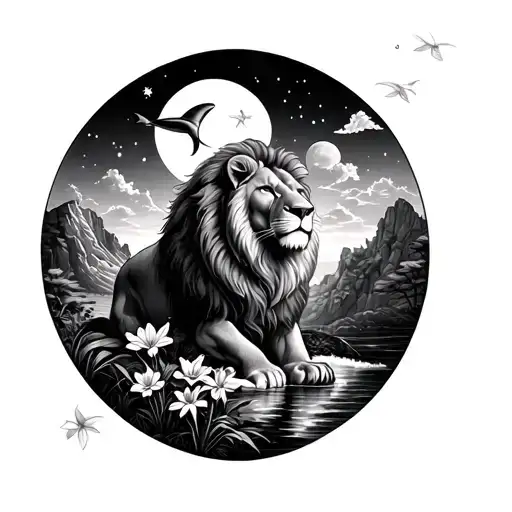 lion on  jungle of mountain cliff with daffodil flower near ocean watching dolphin under crescent moon light and neptune tattoo design idea