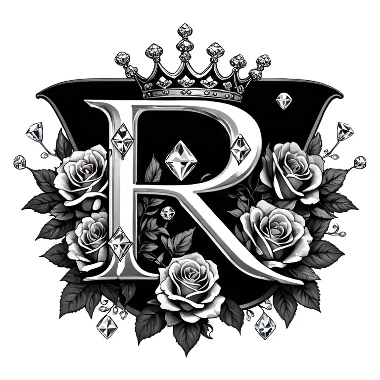 R with roses and diamonds in the letter with a crown on top slightly askew tattoo design idea