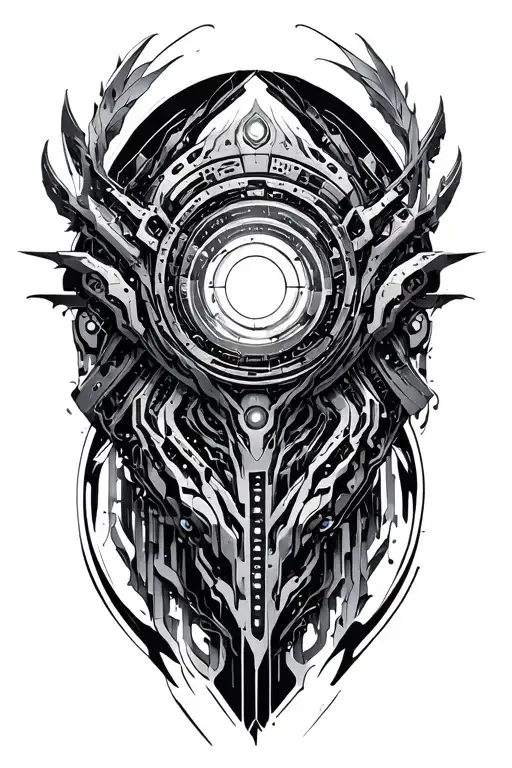 futuristic mech and intricate mandala design separated but shows harmony with one another within a circular base design tattoo design idea