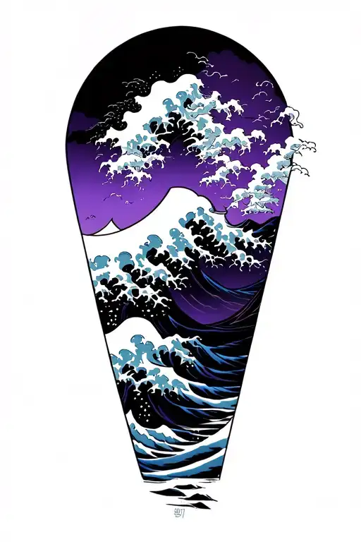 cyberpunk purple version of great wave woodcut style with no people tattoo design idea